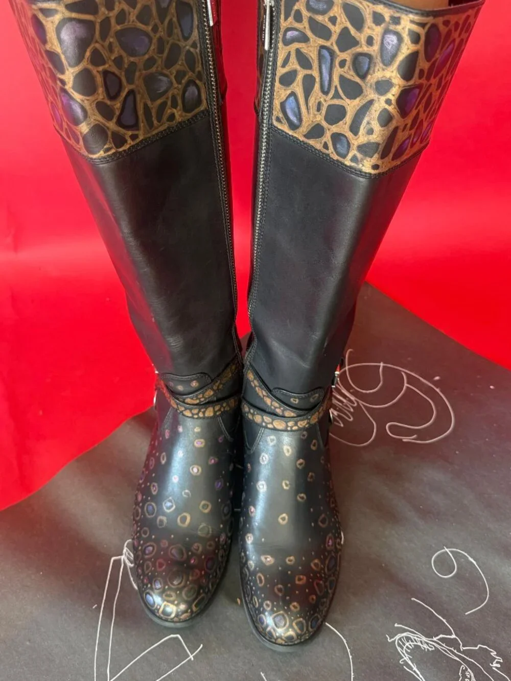 Hand Painted Leather Riding Boots | Gold Mosaic Knee High Boots, Unique